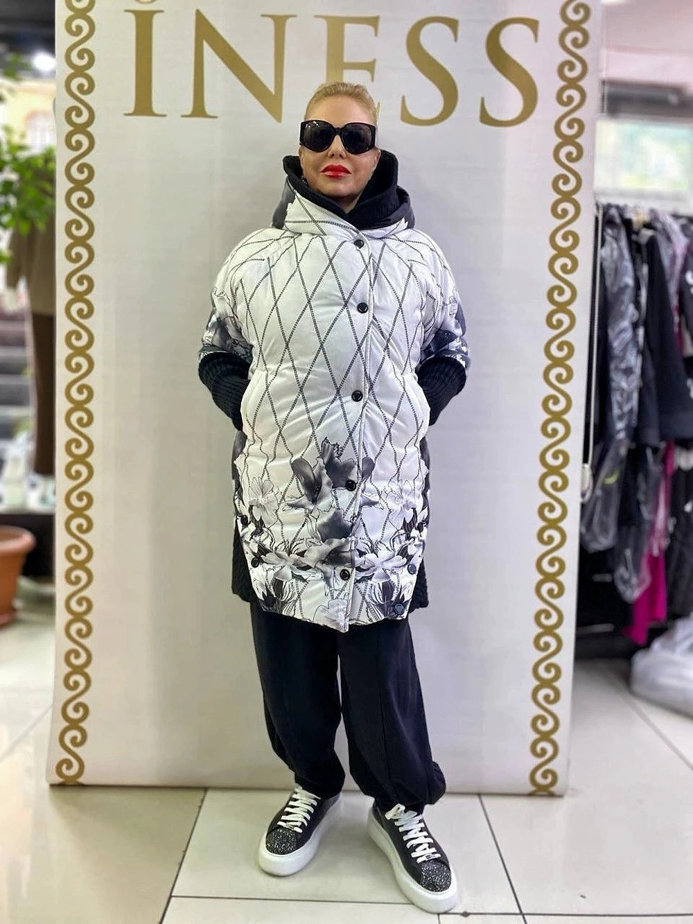 INESIS Floral Geometric Puffer Coat in White & Black